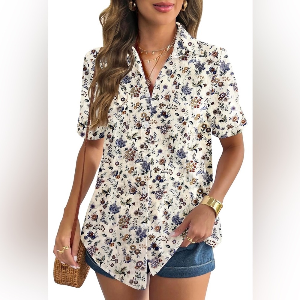 ⭐️ NEW Zeagoo Linen Button Down Shirt Rolled Cuffed Short Sleeve Blouse V Neck